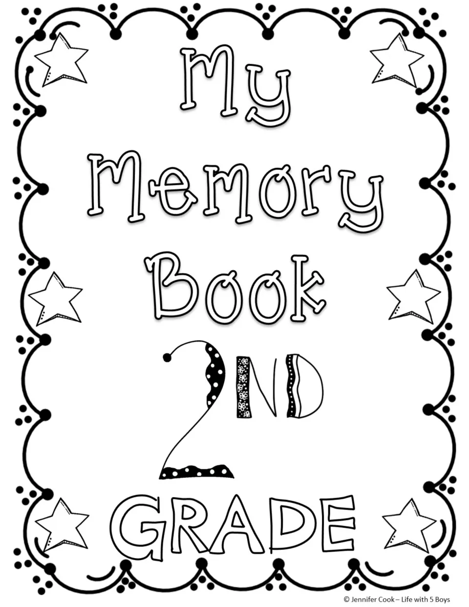 My Memory Book coloring cover with a dotted numeral 2 and flower-patterned ND beneath the outlined title letters
