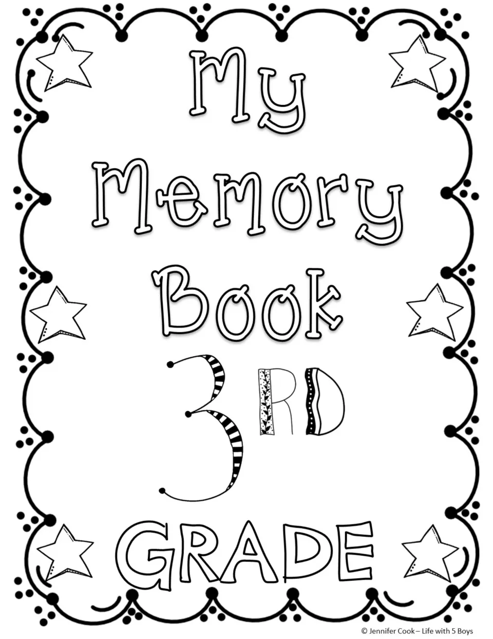 Memory book cover for students to color, showing a striped numeral 3 and leaf-patterned RD under the bubble title