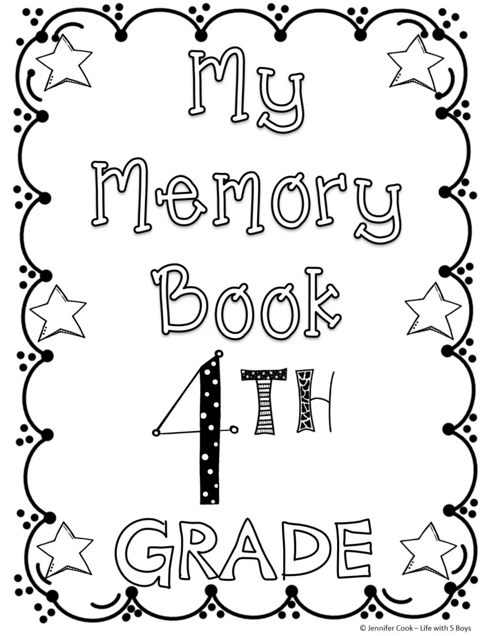 Memory book coloring cover: polka-dot numeral 4 beside star-, stripe- and mosaic-patterned TH in outline letters