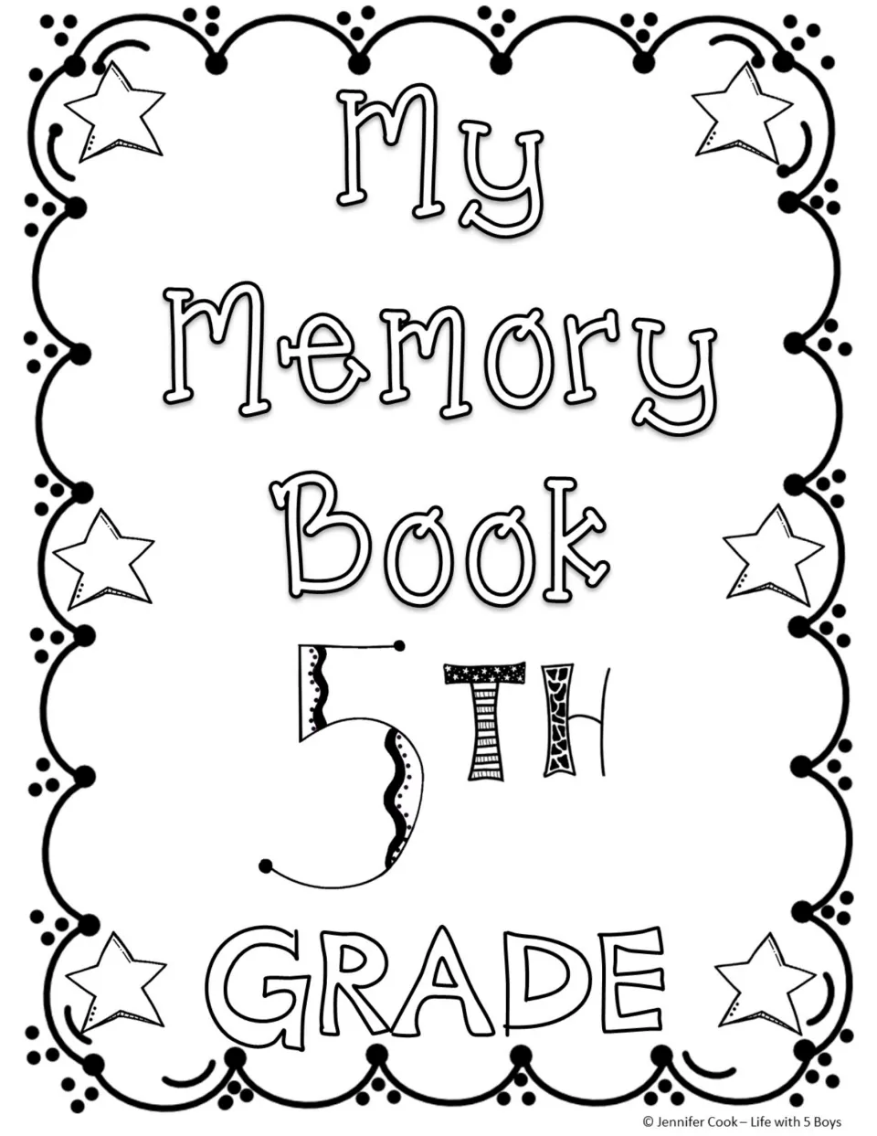 Coloring cover reading My Memory Book with a wavy-patterned numeral 5, patterned TH and stars in the corners