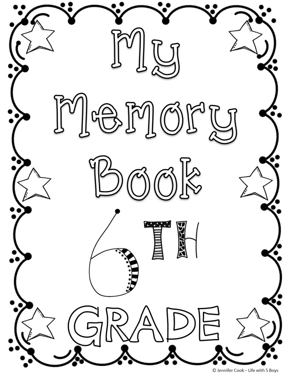 My Memory Book cover students color in, with a striped and dotted numeral 6 and patterned TH below the title