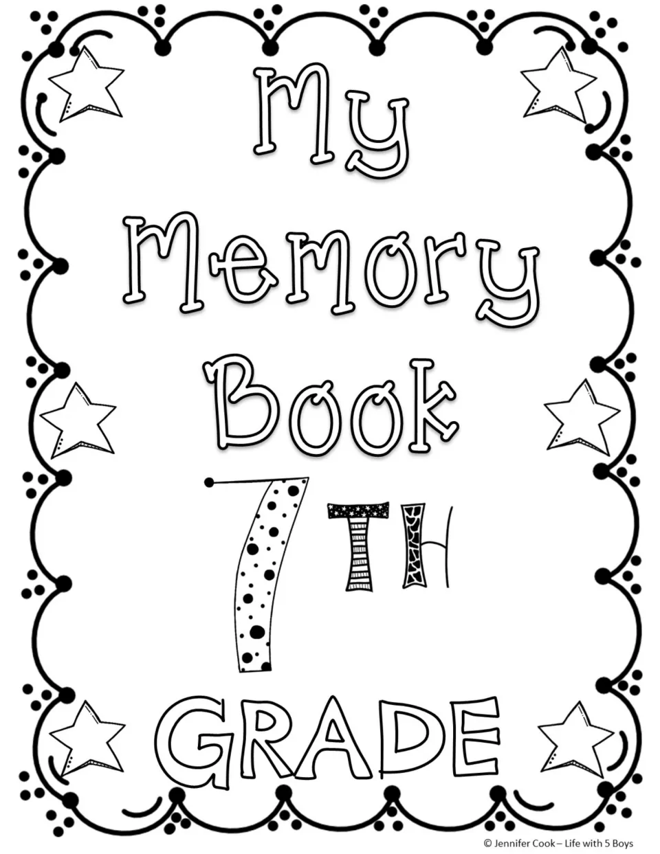 Memory book cover to color featuring a spotted numeral 7 and star- and stripe-patterned TH under the outlined title