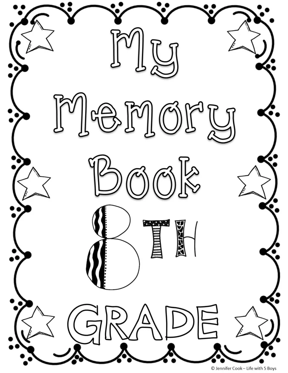 Memory book coloring page with a wave- and dot-patterned numeral 8, patterned TH and a scalloped star frame