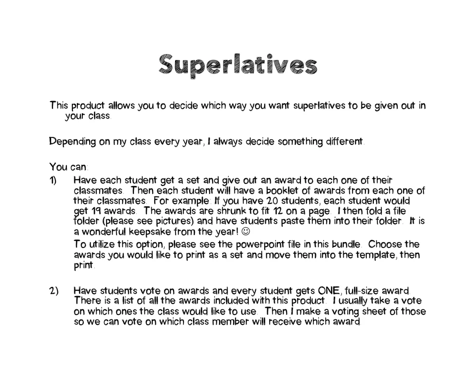 Superlatives instructions explain peer award booklets using 12 awards per sheet or voting for full-size awards.