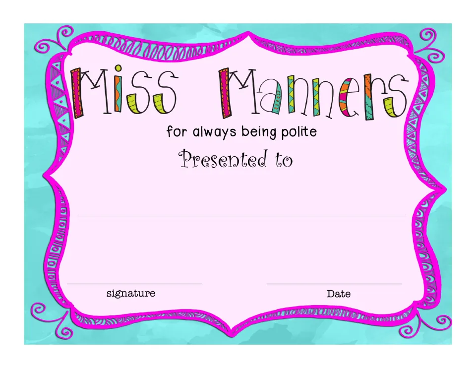 Miss Manners award certificate recognizes a student 'for always being polite' and includes a recipient space.