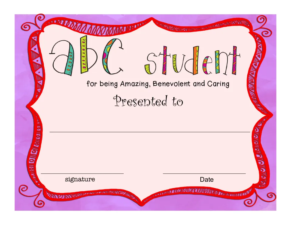 ABC Student award certificate recognizes a student 'for being Amazing, Benevolent and Caring' during the year.