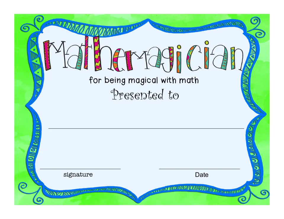 Mathemagician award certificate recognizes a student 'for being magical with math' and has a recipient space.