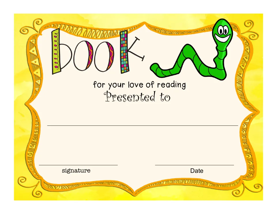 Bookworm award certificate uses the word 'book' and a worm picture to recognize a student's love of reading.