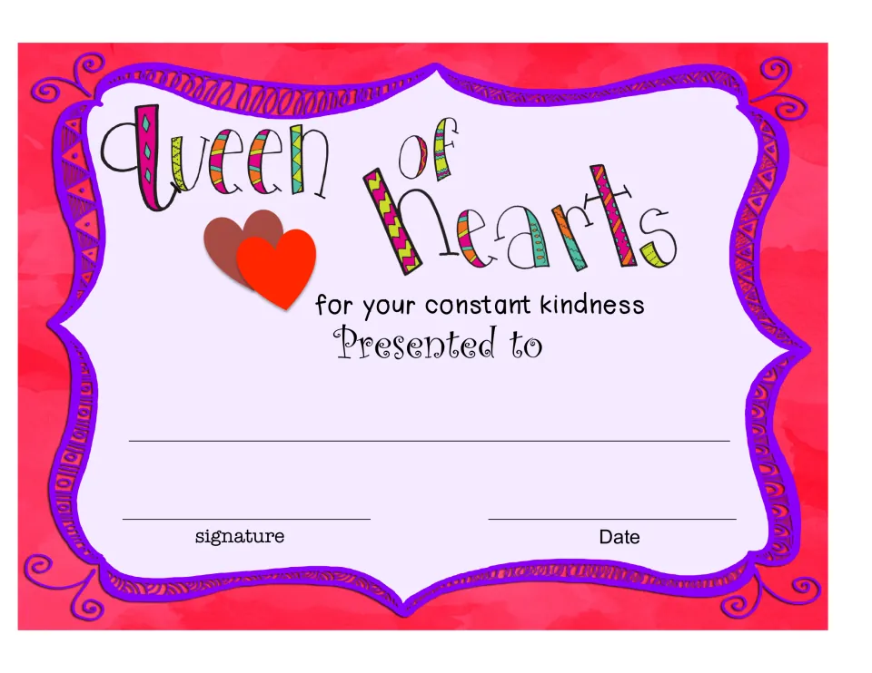 Queen of Hearts award certificate recognizes a student 'for your constant kindness' and has a recipient space.