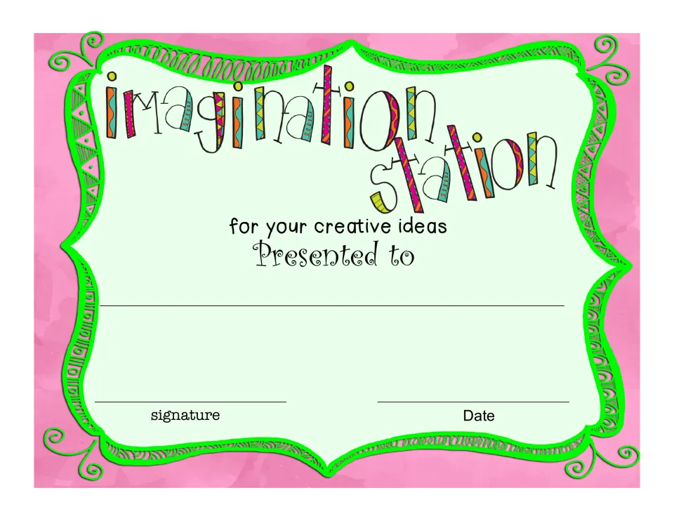Imagination Station award certificate recognizes a student 'for your creative ideas' and has a recipient space.