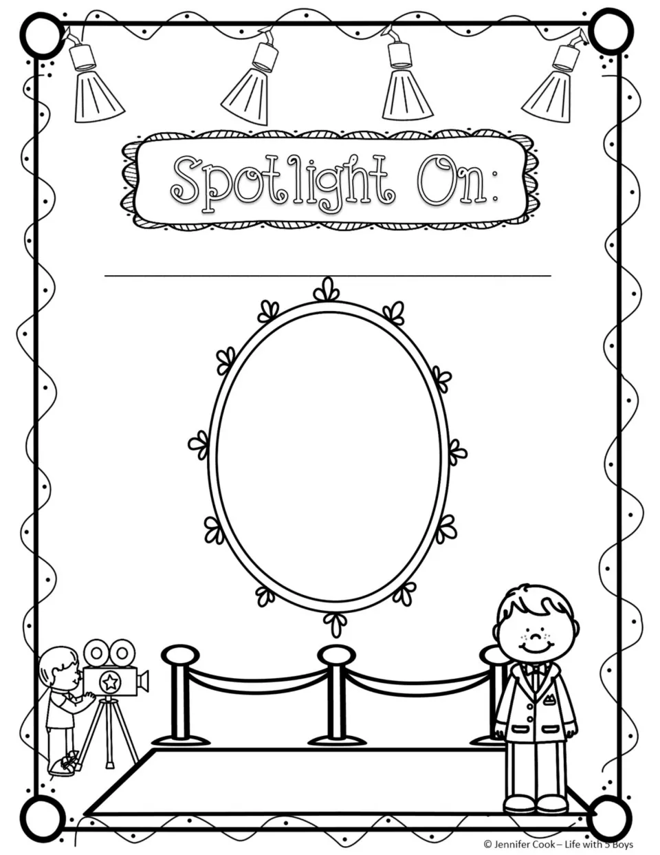 Spotlight On student memory book page, boy version, for adding a name and a photo or self-portrait.