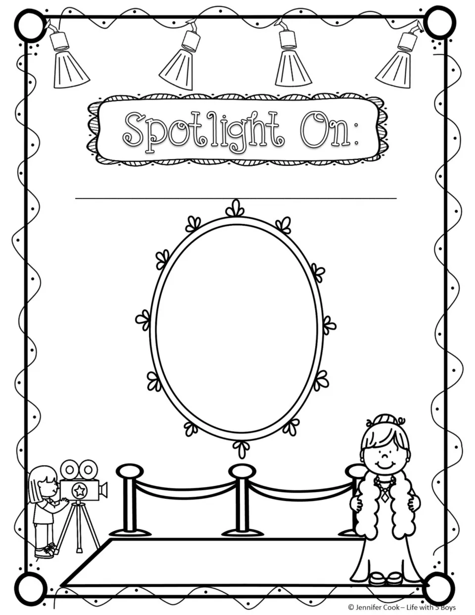 Spotlight On student memory book page, girl version, for adding a name and a photo or self-portrait.