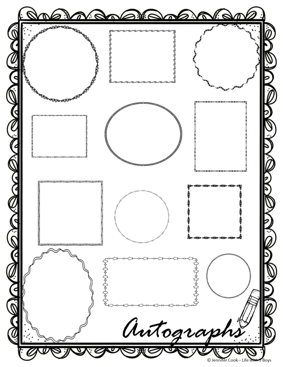 Memory book autograph option 2: 12 individual signing spaces and the heading 'Autographs' for classmates.