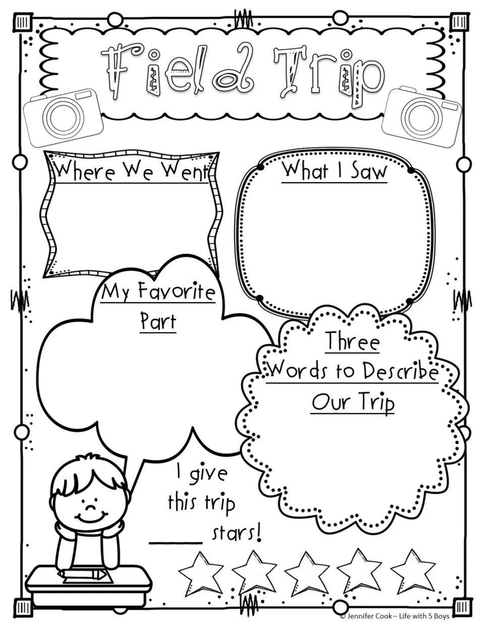 Field trip memory sheet 1: where students went, what they saw, their favorite part, three words, and a rating.