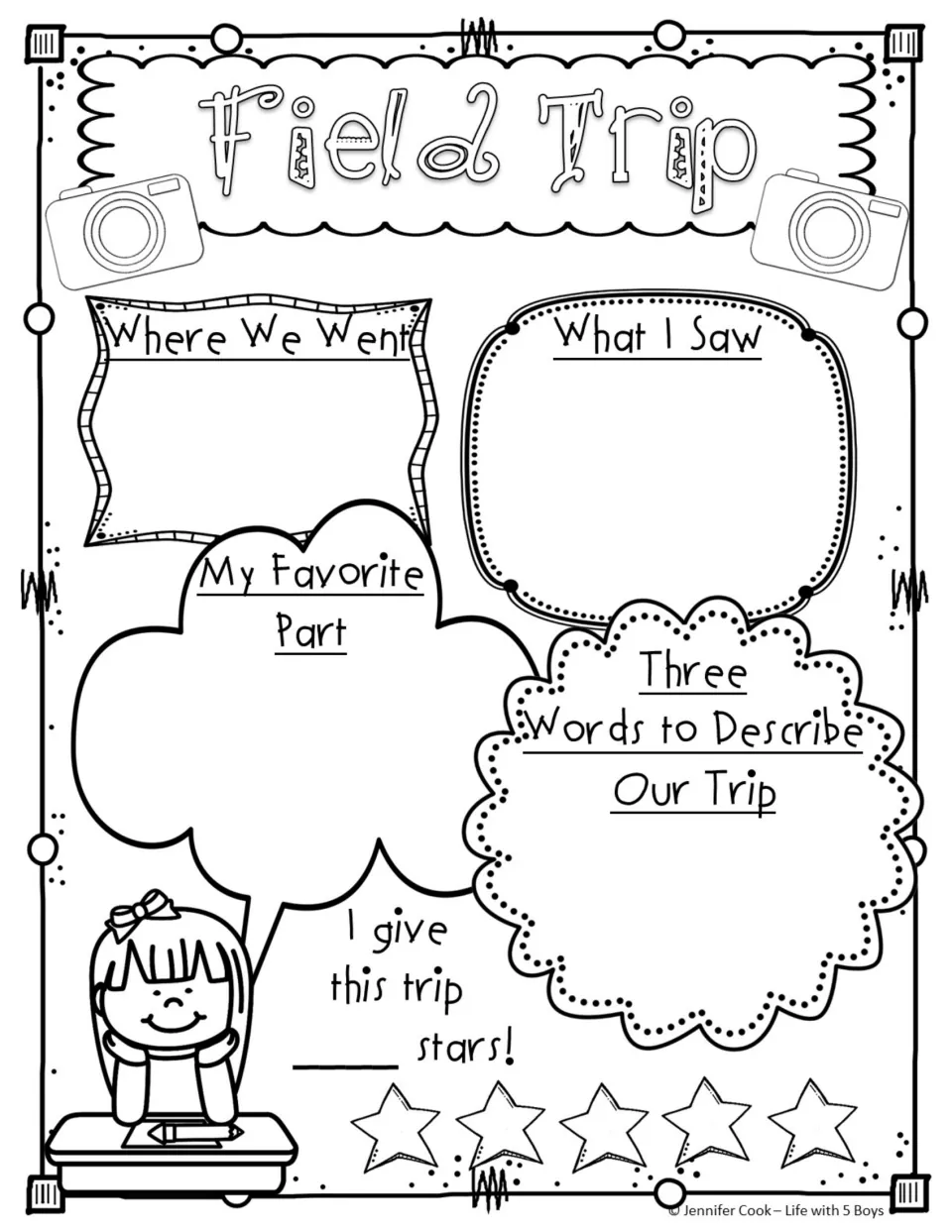 Field trip memory sheet 2: trip location, sights, favorite part, three descriptive words, and a star rating.