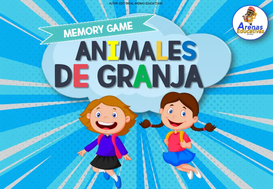 Cover of a Spanish farm animals memory game titled Animales de Granja, with two cartoon schoolgirls jumping