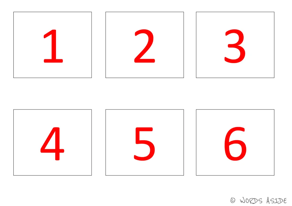 Number cards 1–6 of the 35-card set, showing red numbers 1, 2, 3, 4, 5, and 6 to match the number board