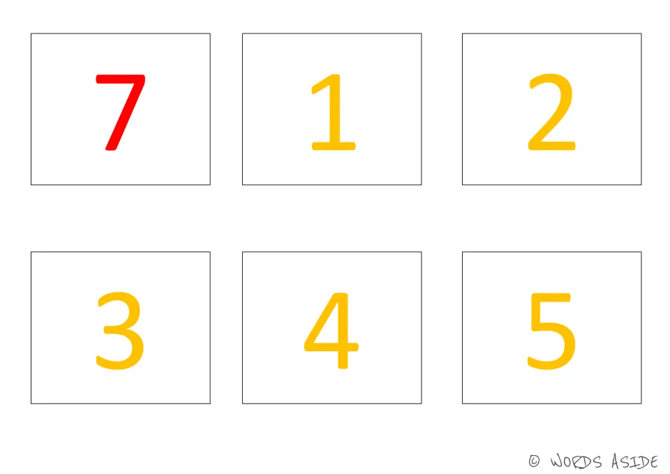 Number cards 7–12 of the 35-card set, showing red 7 and orange numbers 1–5 to match the number board
