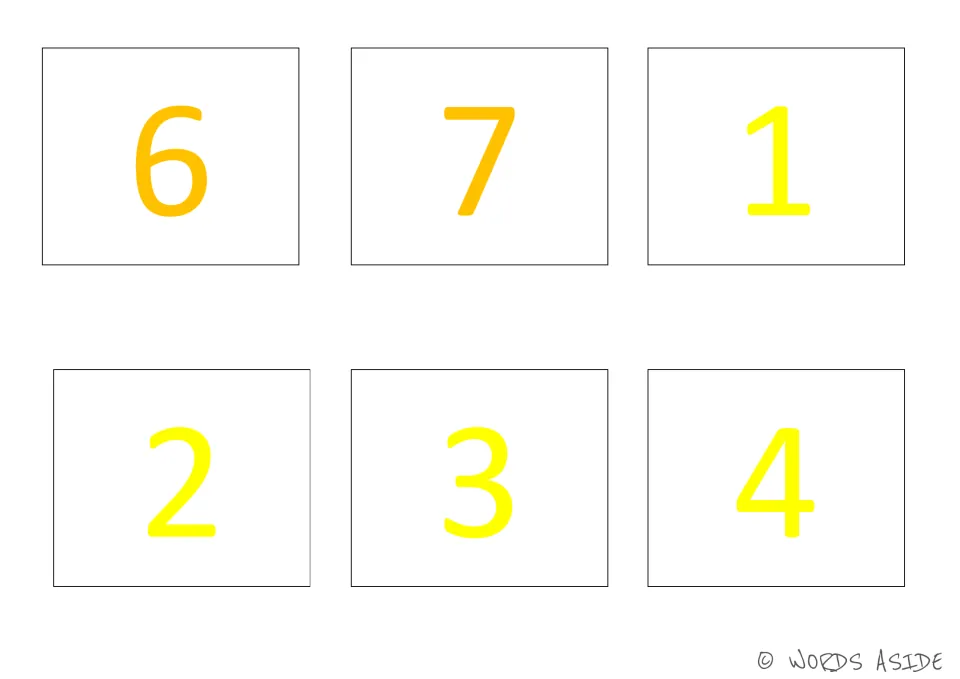 Number cards 13–18 of the 35-card set, showing orange 6 and 7 and yellow 1–4 to match the number board
