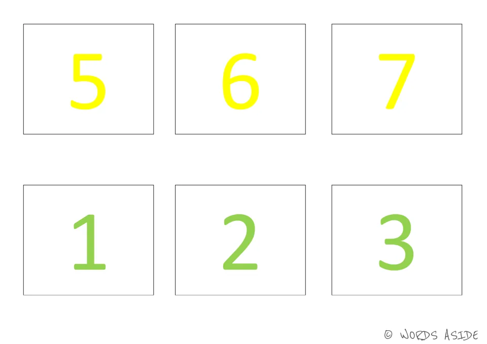Number cards 19–24 of the 35-card set, showing yellow numbers 5–7 and green 1–3 to match the number board