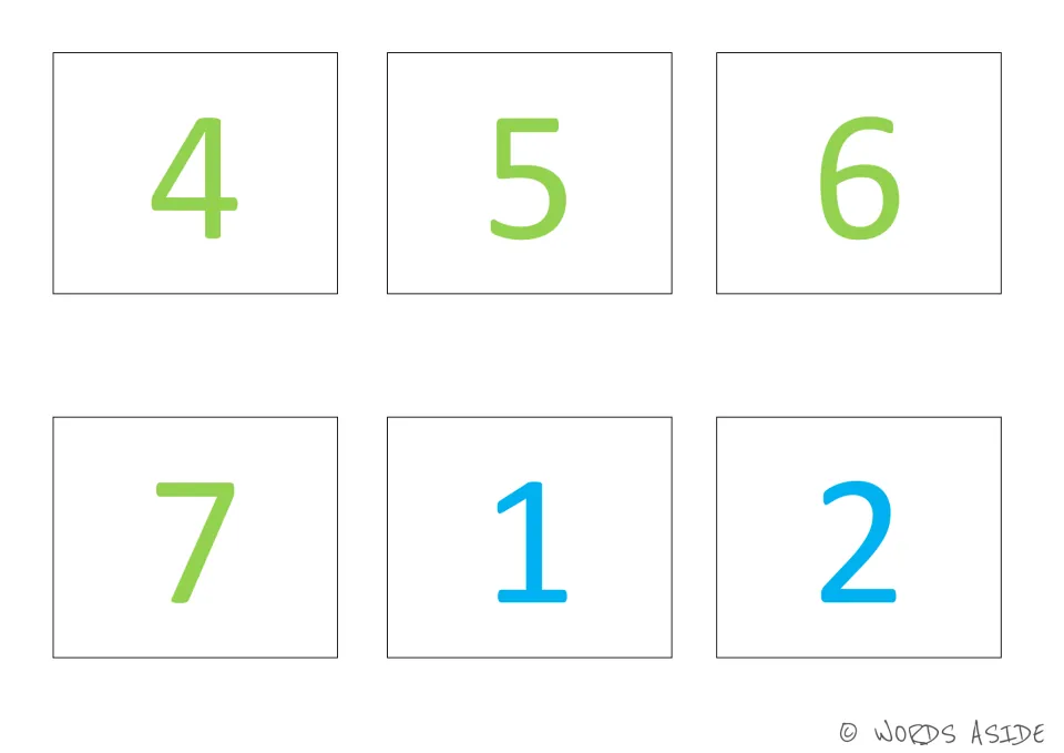 Number cards 25–30 of the 35-card set, showing green numbers 4–7 and blue 1 and 2 to match the number board