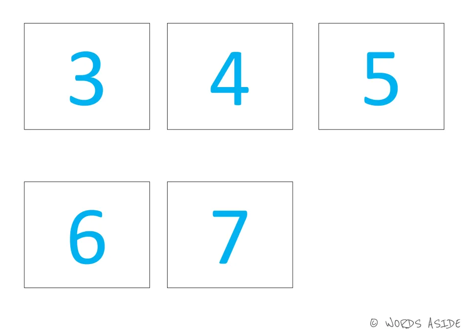 Number cards 31–35 of the 35-card set, showing blue numbers 3, 4, 5, 6, and 7 to match the number board