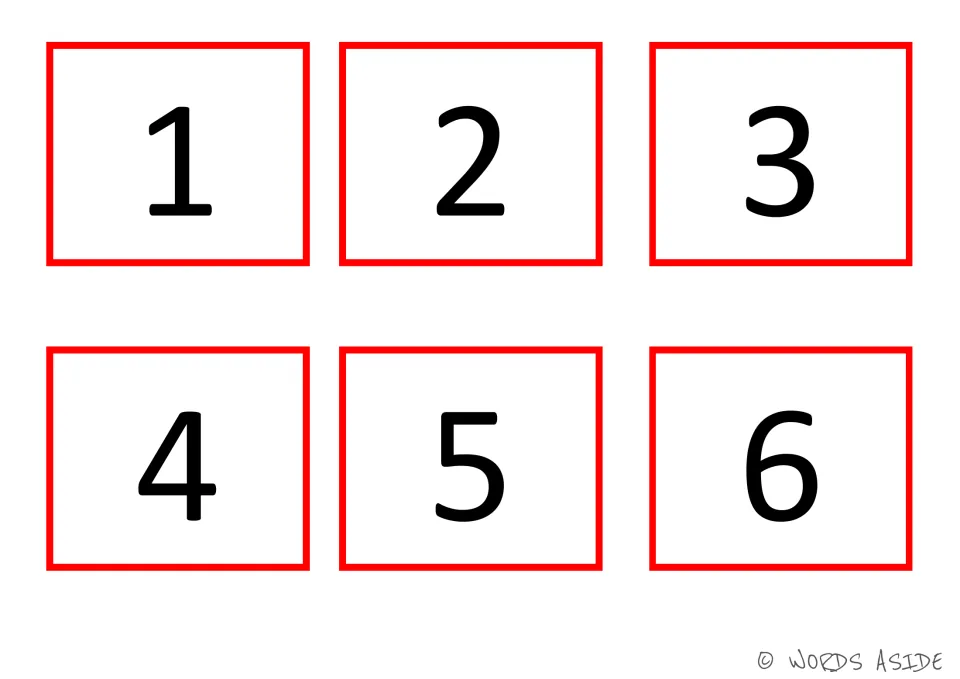 Number cards 1–6 of the 35-card set: red numbers 1, 2, 3, 4, 5, and 6, matching the board's red number set