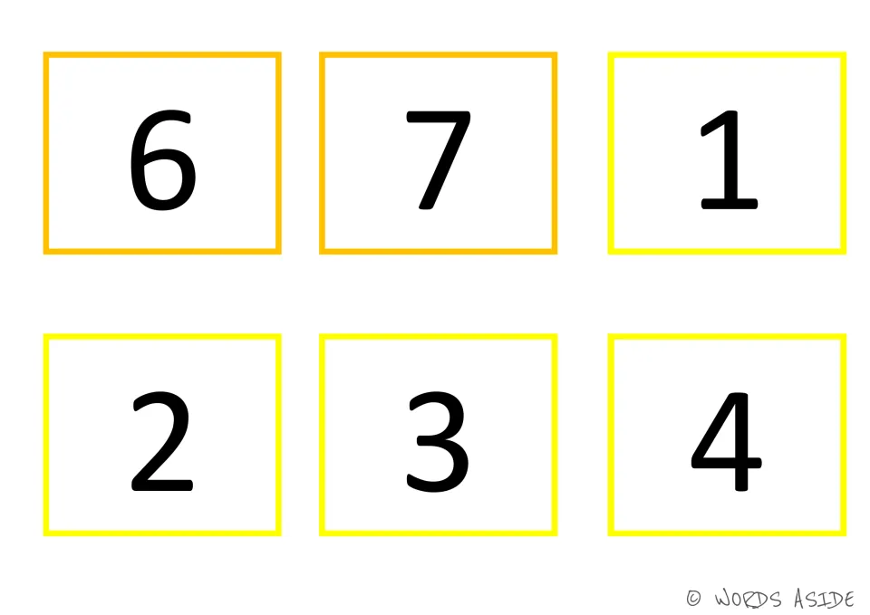 Number cards 13–18 of the 35-card set: gold 6 and 7 plus yellow 1, 2, 3, and 4, matching the number board