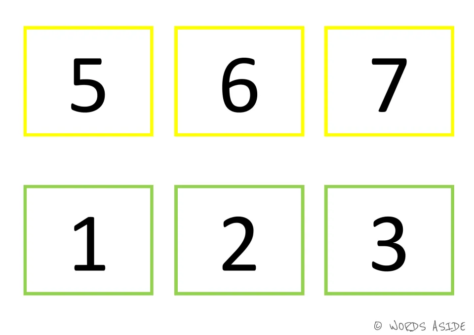 Number cards 19–24 of the 35-card set: yellow 5, 6, and 7 plus green 1, 2, and 3, matching the number board