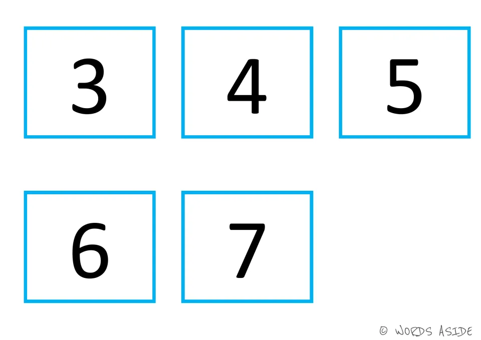 Number cards 31–35 of the 35-card set: blue 3, 4, 5, 6, and 7, completing the board's blue number set