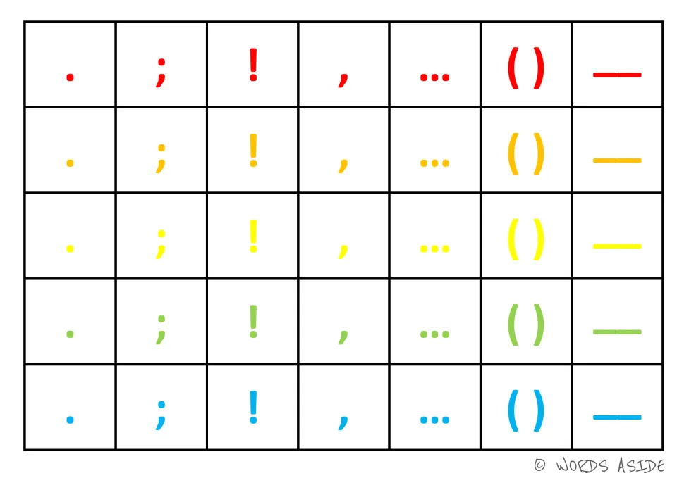 Cognitive-skills board with 35 punctuation items: seven symbols repeated in red, gold, yellow, green and blue