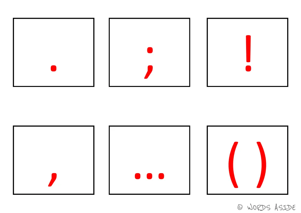 Punctuation cards 1–6: red period, semicolon, exclamation point, comma, ellipsis and paired parentheses