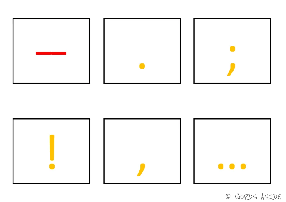 Punctuation cards 7–12: red dash; gold period, semicolon, exclamation point, comma and ellipsis