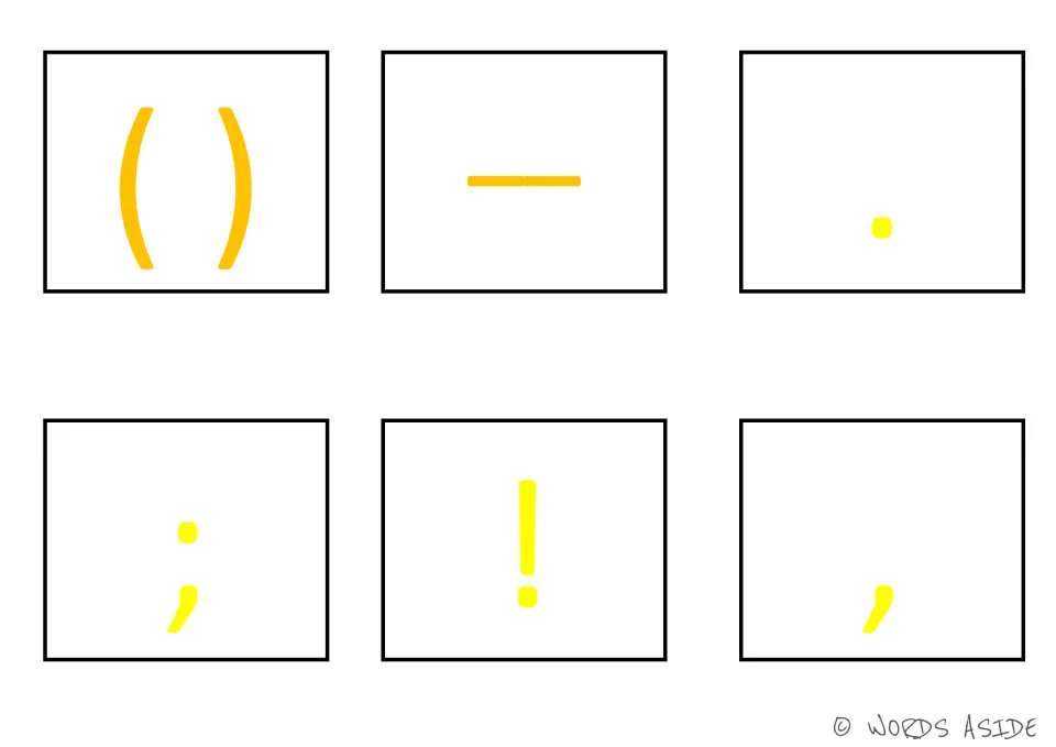 Punctuation cards 13–18: gold parentheses and dash; yellow period, semicolon, exclamation point and comma