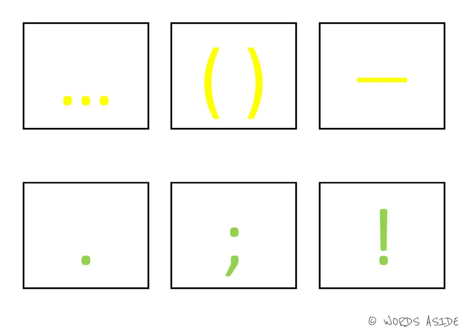 Punctuation cards 19–24: yellow ellipsis, parentheses and dash; green period, semicolon and exclamation point