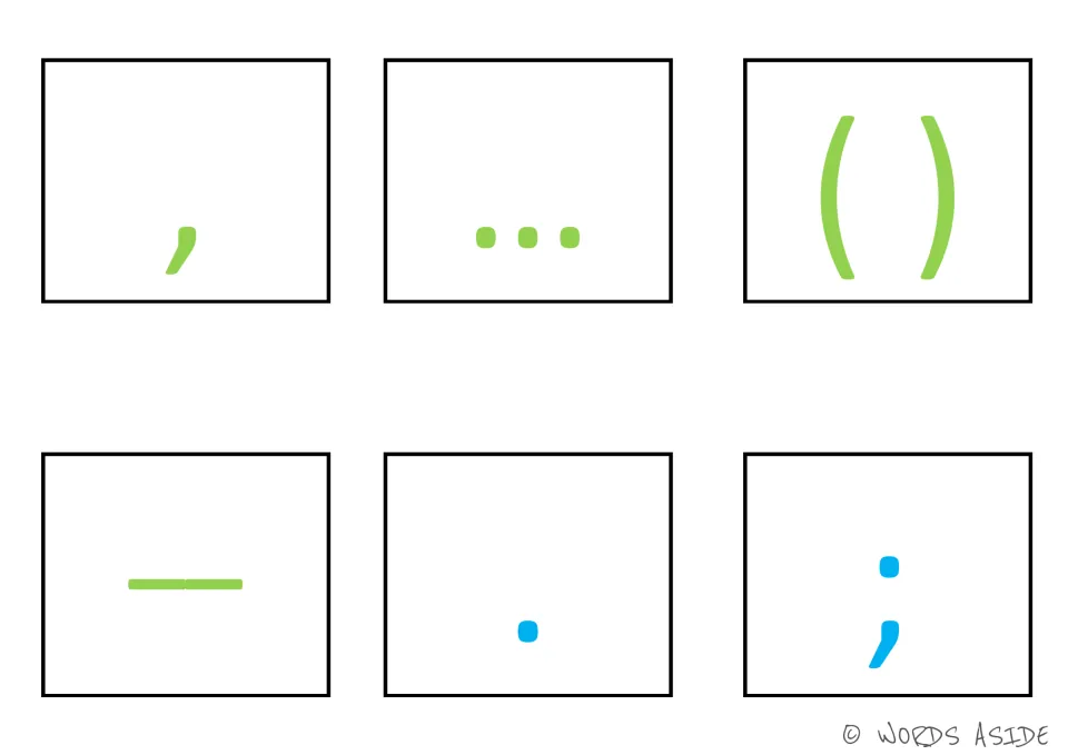 Punctuation cards 25–30: green comma, ellipsis, paired parentheses and dash; blue period and semicolon