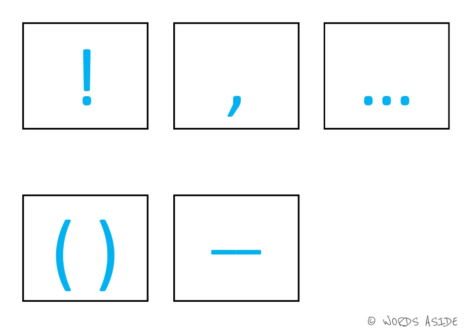 Punctuation cards 31–35: blue exclamation point, comma, ellipsis, paired parentheses and dash