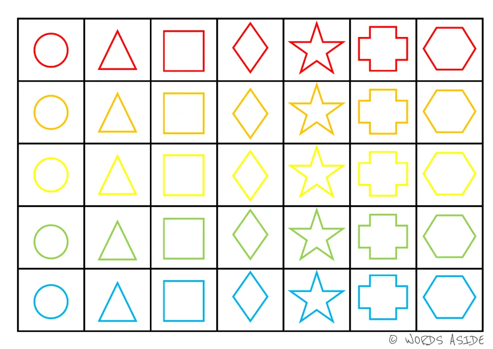 Shape board for the card set: circles, triangles, squares, diamonds, stars, crosses and hexagons in five colors