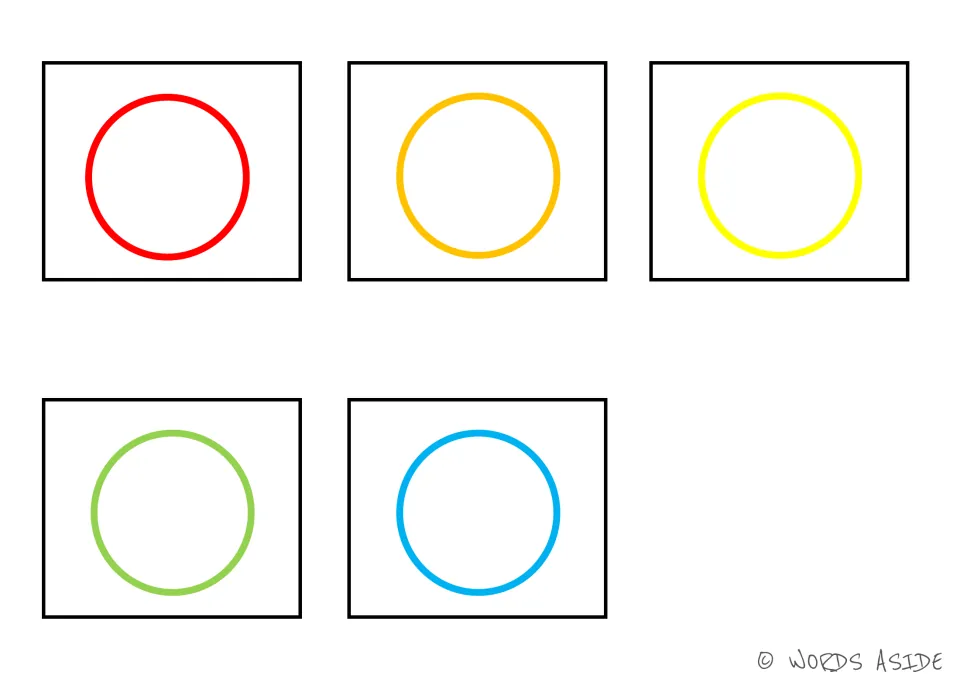 Five circle cards matching the shape board, with one circle each in red, orange, yellow, green and blue