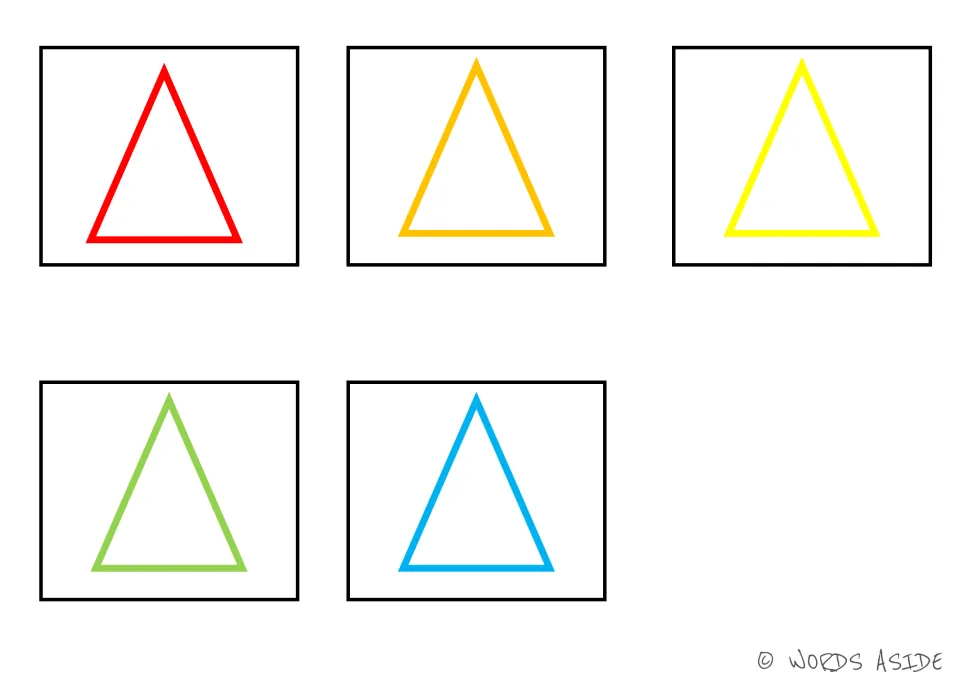Five triangle cards matching the shape board, with one triangle each in red, orange, yellow, green and blue
