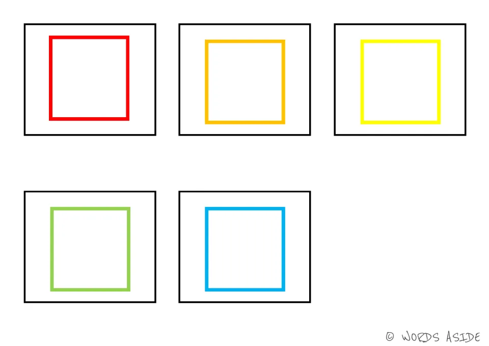 Five square cards matching the shape board, with one square each in red, orange, yellow, green and blue