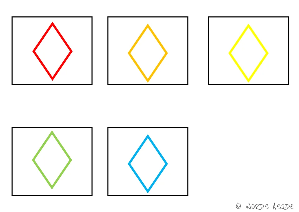 Five diamond cards matching the shape board, with one diamond each in red, orange, yellow, green and blue