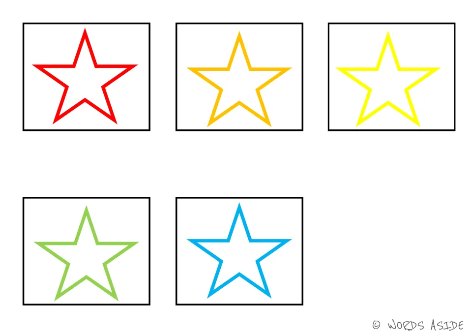Five star cards matching the shape board, with one five-pointed star in red, orange, yellow, green and blue