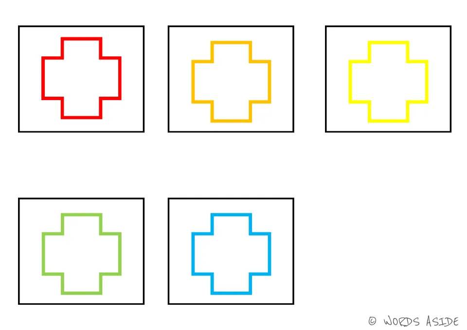Five cross cards matching the shape board, with one cross each in red, orange, yellow, green and blue