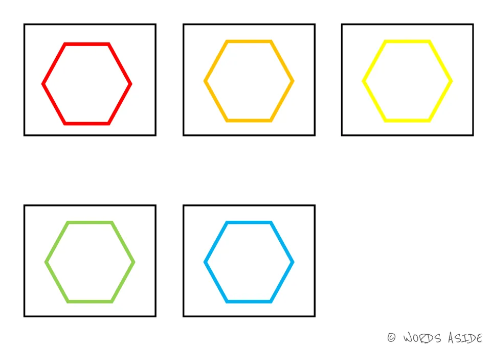 Five hexagon cards matching the shape board, with one hexagon each in red, orange, yellow, green and blue