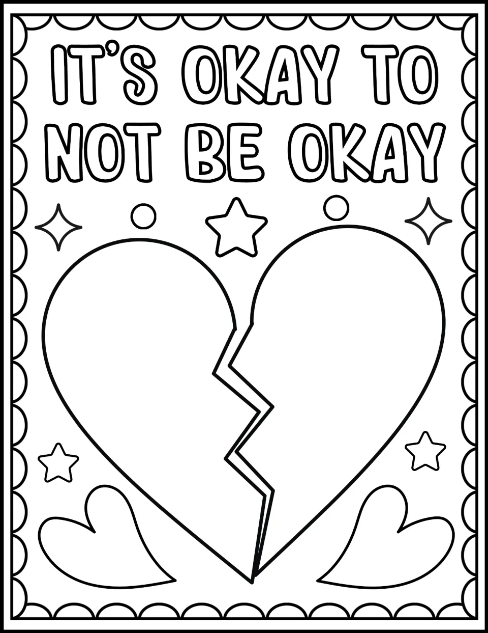 It's Okay to Not Be Okay colouring page: students colour a large broken heart with small hearts and stars around it