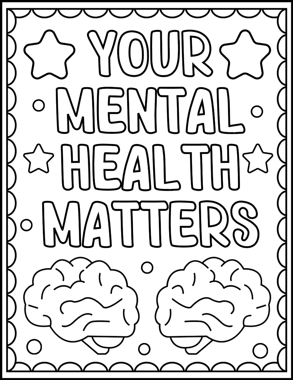 Your Mental Health Matters colouring page: students colour bubble-letter words above two cartoon brains and stars