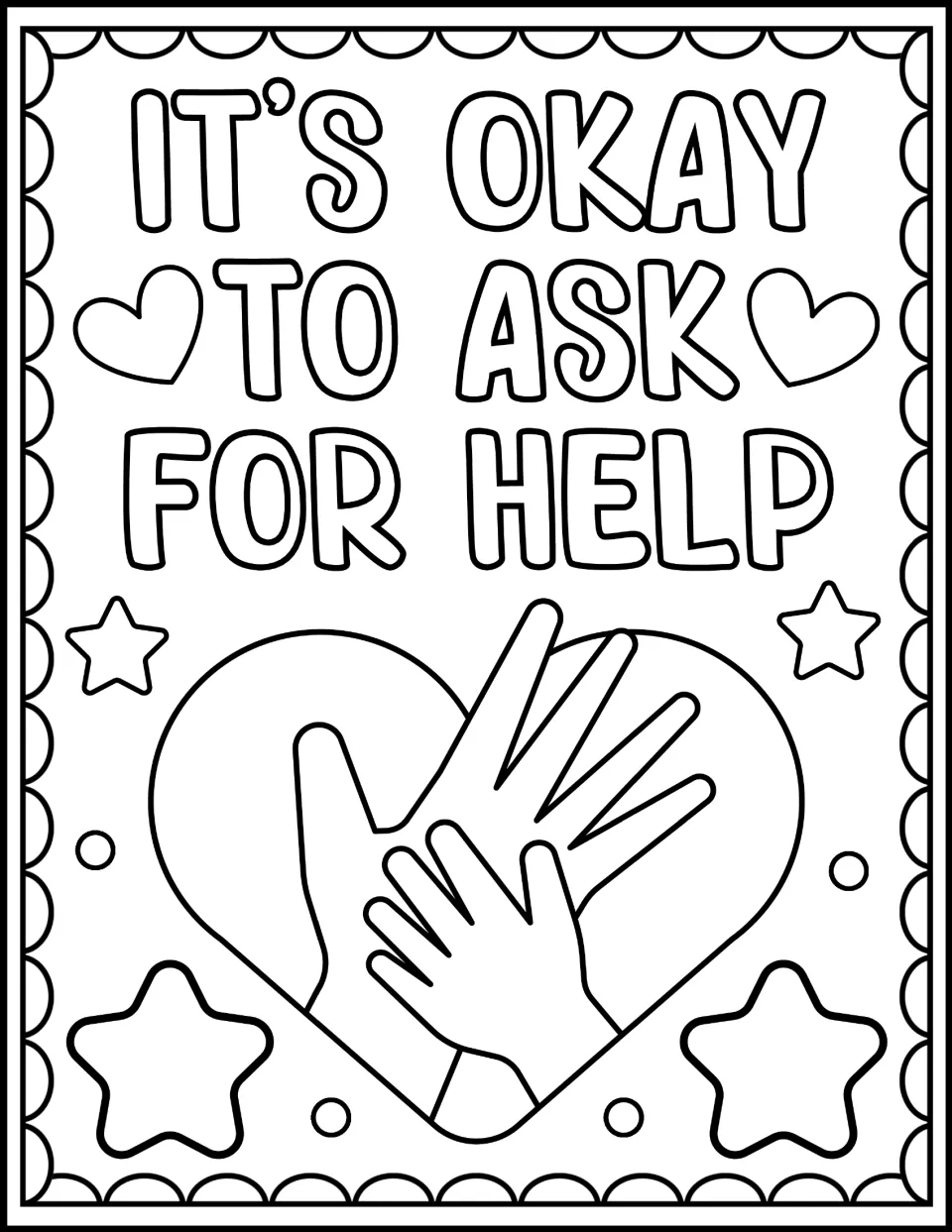 It's Okay to Ask for Help colouring page: students colour an adult hand and a child's hand over a heart with stars