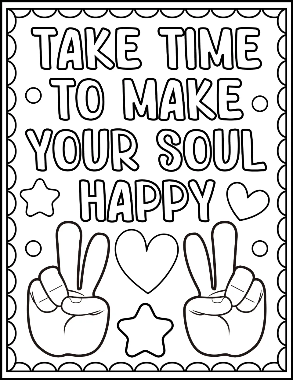 Take Time to Make Your Soul Happy colouring page: students colour two peace-sign hands with a heart and a star