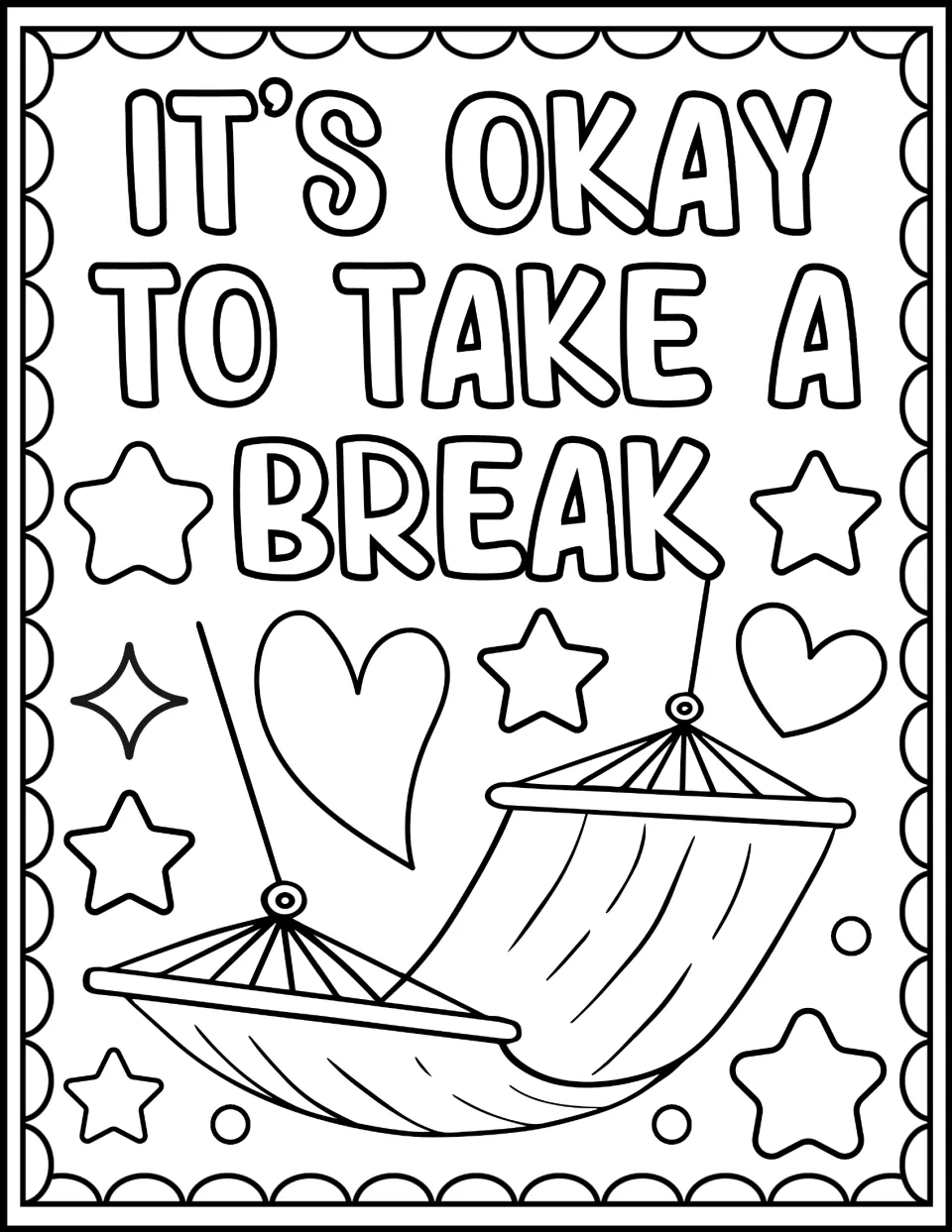 It's Okay to Take a Break colouring page: students colour a hanging hammock surrounded by hearts, stars and sparkles